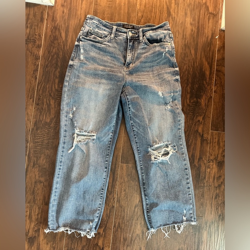 Judy Blue Distressed Boyfriend Jeans in Blue Wide Leg EUC